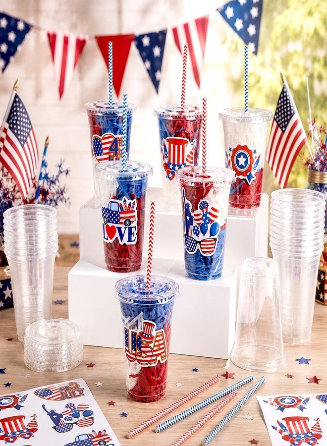 Oitnlaughter 24 Set 4th of July Patriotic Party Favors Supplies Plastic Cups with Lids Straws Stickers Red White Blue Gifts Disposable Drinking Cups for Independence Day USA 250th Anniversary Decor Prizes - Image 4