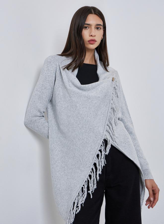Styli Grey Wrap Cardigan with Fringes - Image 1