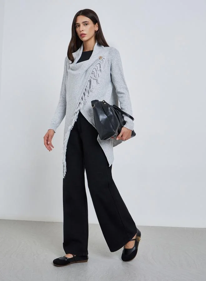 Styli Styli Grey Wrap Cardigan with Fringes