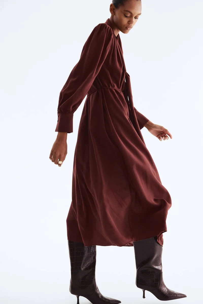 اتش اند ام فستان بتصميم قميص مع فيونكة عند القبة