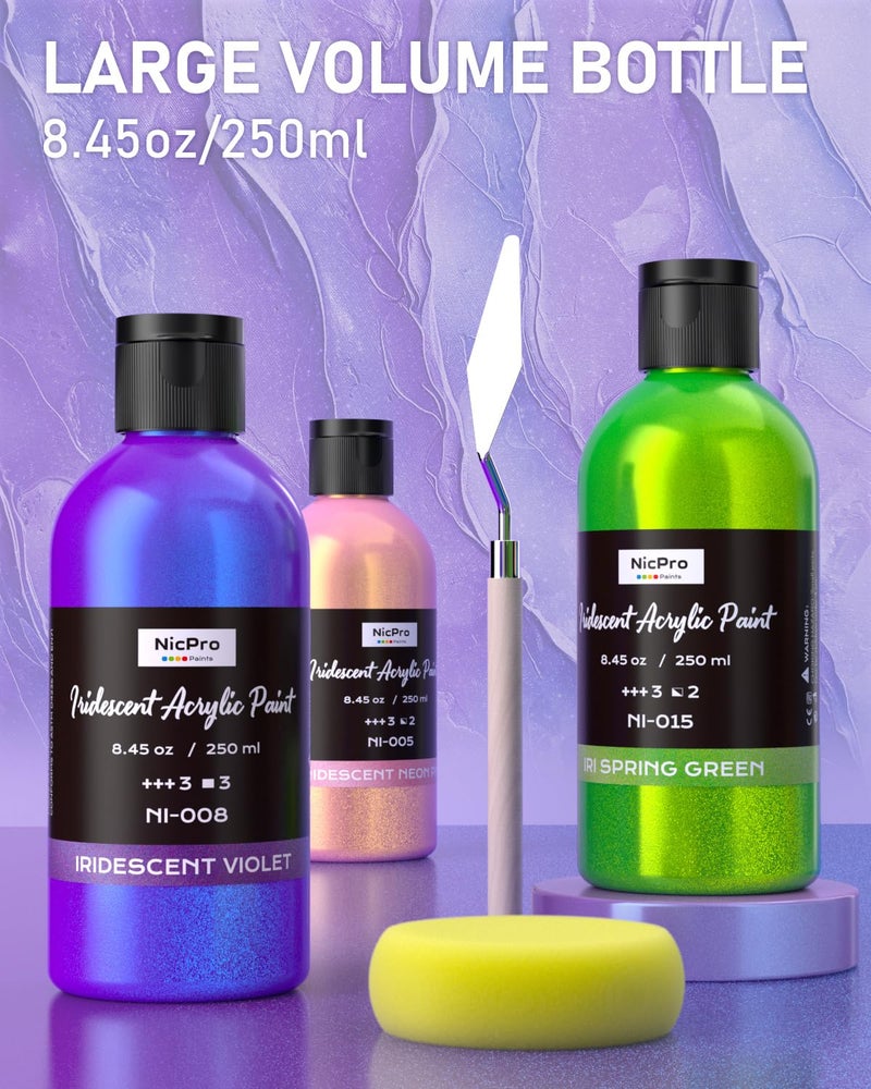 Nicpro 20 Colors Iridescent Acrylic Paint, 8.45oz / 250ml Large Bulk Metallic Acrylic Paint,Color Shifting & Non-Toxic Art Painting Supplies For Canvas Fabric Rock Wood with Paint Knife Color Wheel - Image 4