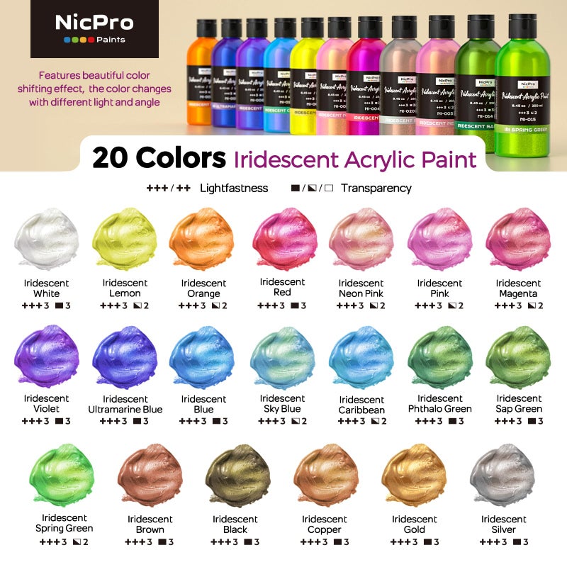 Nicpro 20 Colors Iridescent Acrylic Paint, 8.45oz / 250ml Large Bulk Metallic Acrylic Paint,Color Shifting & Non-Toxic Art Painting Supplies For Canvas Fabric Rock Wood with Paint Knife Color Wheel - Image 2
