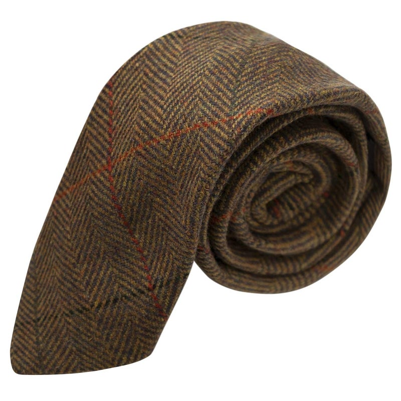 King & Priory Luxury Dijon Herringbone Check Necktie, Tweed - Image 3
