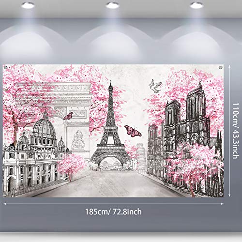 Sumind Paris Tapestry Wall Backdrop Eiffel Tower Photo Banner Background European City Landscape Pink Wall Hanging Decor for Living Room Girl Bedroom Paris Themed Party Decoration, 72.8 x 43.3 Inch - Image 2