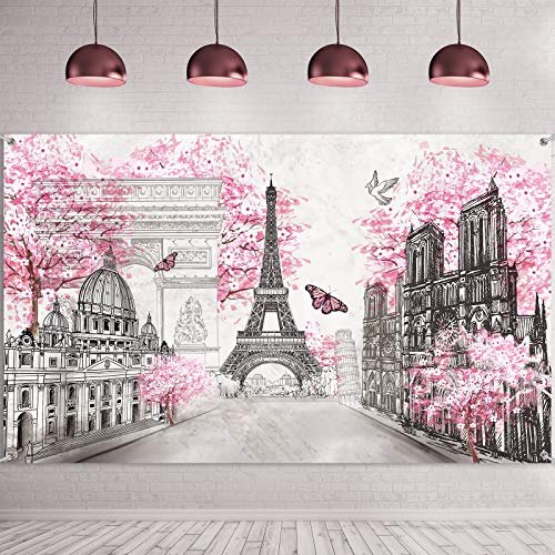 Sumind Paris Tapestry Wall Backdrop Eiffel Tower Photo Banner Background European City Landscape Pink Wall Hanging Decor for Living Room Girl Bedroom Paris Themed Party Decoration, 72.8 x 43.3 Inch - Image 1