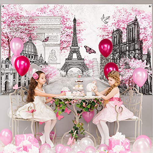 Sumind Paris Tapestry Wall Backdrop Eiffel Tower Photo Banner Background European City Landscape Pink Wall Hanging Decor for Living Room Girl Bedroom Paris Themed Party Decoration, 72.8 x 43.3 Inch - Image 4