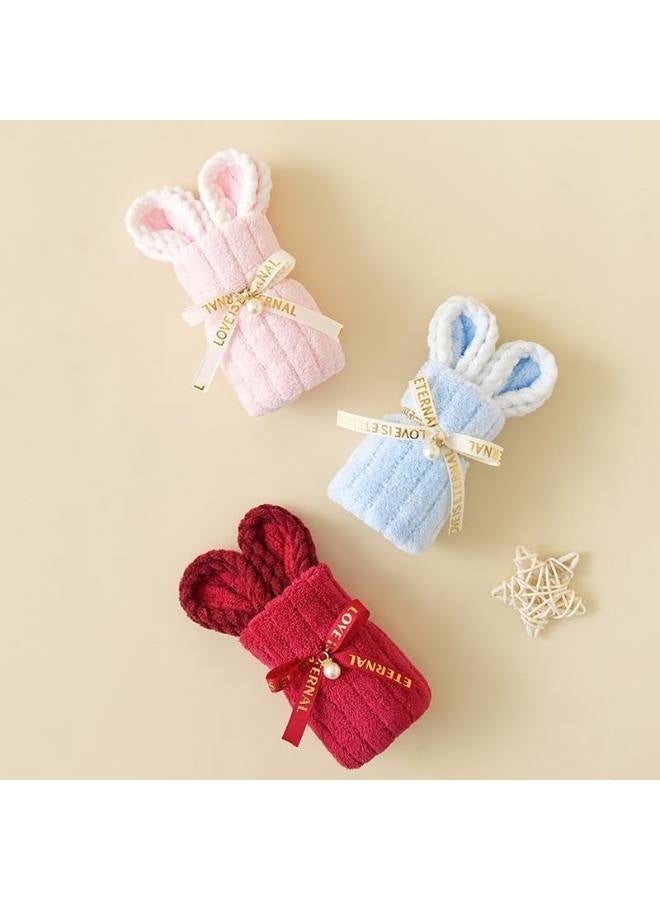 Little Rabbit Coral Fleece Towel Set for Children - Soft, Adorable Hand Towel in Red, Blue, Pink (8x20 Inches) - Image 2