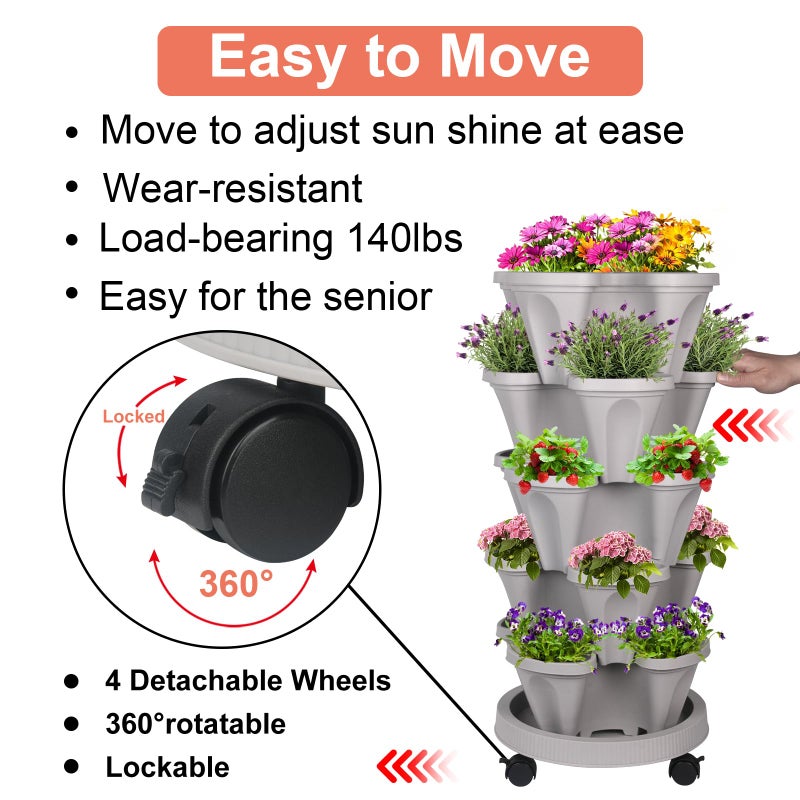 GameXcel Vertical Planter Tower - 5 Tier Stackable Garden Planters with Wheels and Tools Plant Pots for Strawberry Herb Flower and Vegetable Indoor Outdoor Use Gray - Image 5