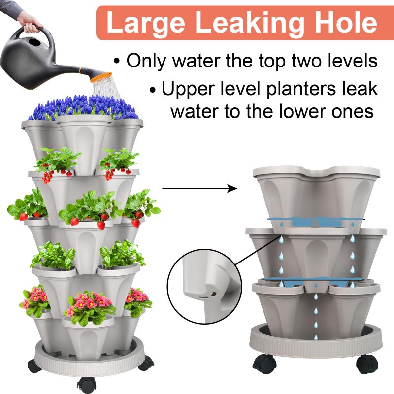 GameXcel Vertical Planter Tower - 5 Tier Stackable Garden Planters with Wheels and Tools Plant Pots for Strawberry Herb Flower and Vegetable Indoor Outdoor Use Gray - Image 3
