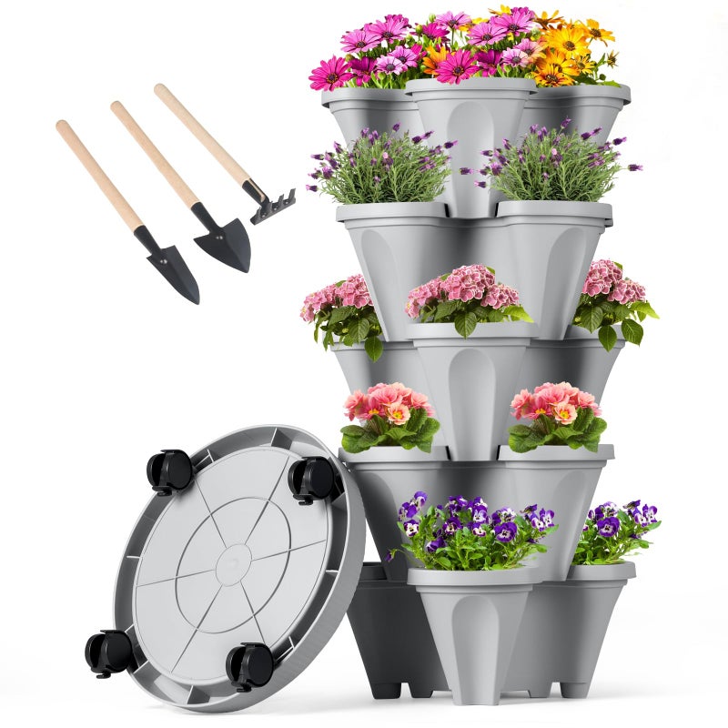 GameXcel Vertical Planter Tower - 5 Tier Stackable Garden Planters with Wheels and Tools Plant Pots for Strawberry Herb Flower and Vegetable Indoor Outdoor Use Gray - Image 1