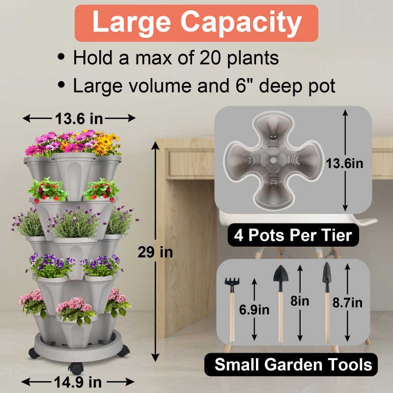 GameXcel Vertical Planter Tower - 5 Tier Stackable Garden Planters with Wheels and Tools Plant Pots for Strawberry Herb Flower and Vegetable Indoor Outdoor Use Gray - Image 4