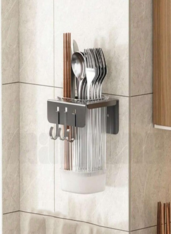 Marrone Wall Mounted Kitchen Organizer Cutlery Holder Multipurpose Chopsticks Drainer Rack Spoon Stand Utensil Shelf for Kitchen with Drip Tray (1 Container) - Image 1