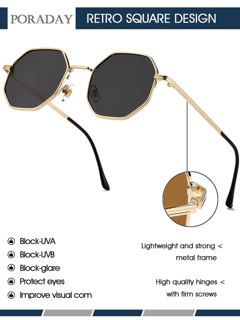 PORADAY Square Sunglasses for Women Men Retro Octagon Metal Sun Glasses Vintage Polygon Shades (Gold/Gray) - Image 4