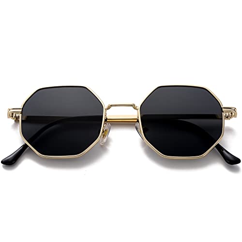 PORADAY Square Sunglasses for Women Men Retro Octagon Metal Sun Glasses Vintage Polygon Shades (Gold/Gray) - Image 1