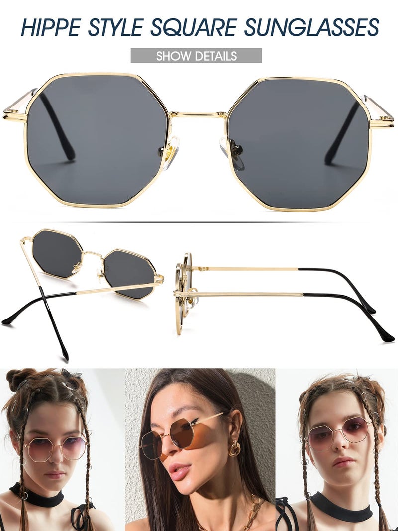 PORADAY Square Sunglasses for Women Men Retro Octagon Metal Sun Glasses Vintage Polygon Shades (Gold/Gray) - Image 5