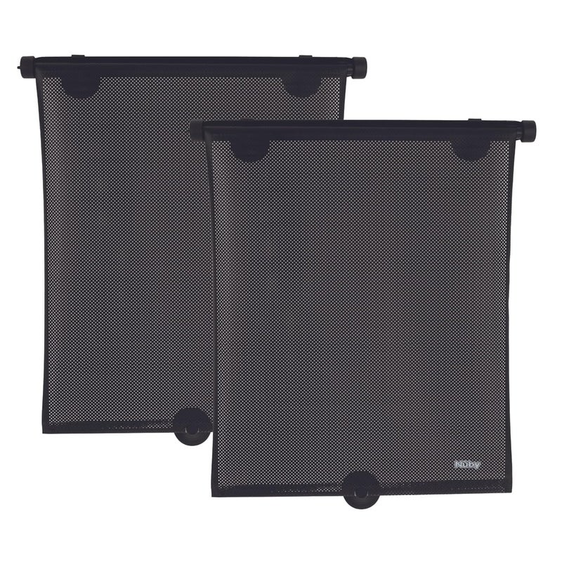 Nuby 14 Roller Vehicle Side Window Sun Protection Shade for Baby 2 Pack Pull Down with Suction Cups and Press Button Roll Up Black