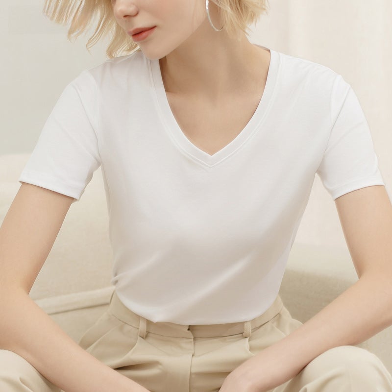 station summer new short sleeve T-shirt women''s mercerized cotton cotton V-neck T-shirt and women''s clothing K1077A - Image 3