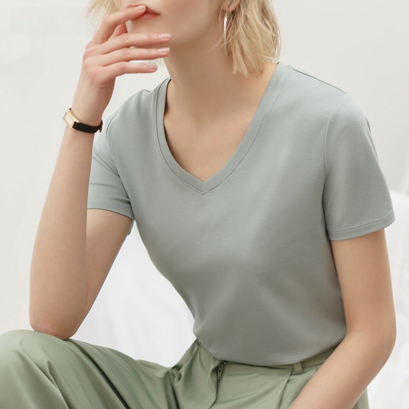 station summer new short sleeve T-shirt women''s mercerized cotton cotton V-neck T-shirt and women''s clothing K1077A - Image 4
