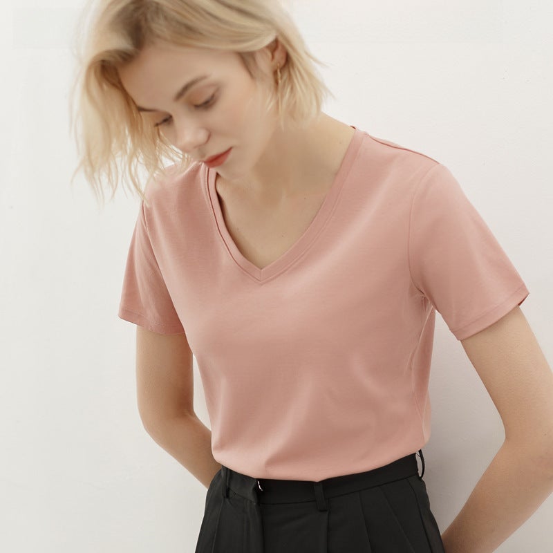 station summer new short sleeve T-shirt women''s mercerized cotton cotton V-neck T-shirt and women''s clothing K1077A - Image 5