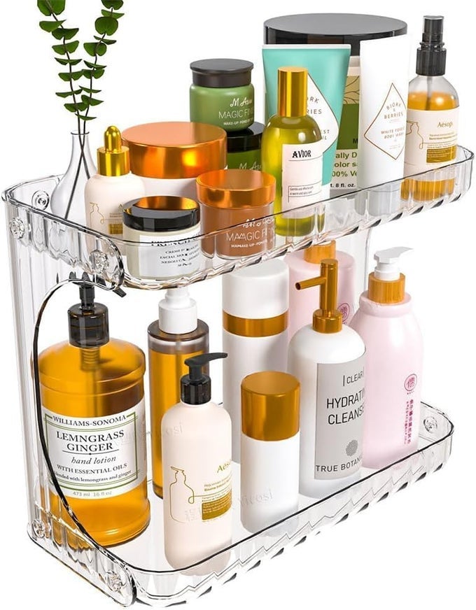 BATHROOM COUNTERTOP ORGANIZER 2TIER MAKEUP ORGANIZER COUNTERTOP ACRYLIC COSMETICS SKINCARE ORGANIZER STORAGE FOR BATHROOM KITCHEN LIVING ROOM BEDROOM DRESSING TABLE CLEAR