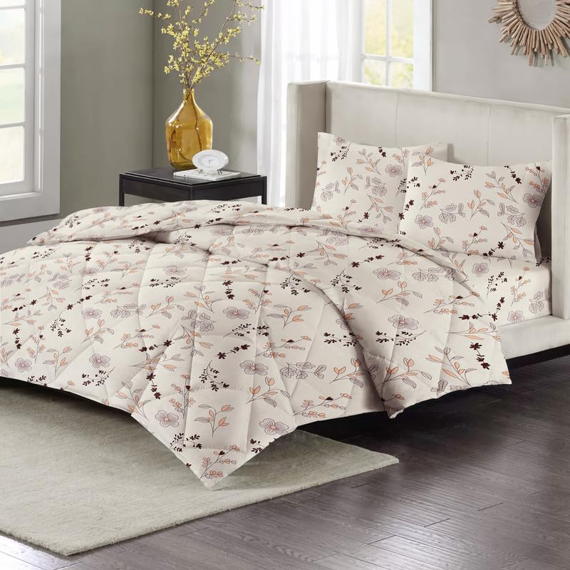 BSB HOME BSB HOME Style Super Soft Glace Cotton King Size AC Comforter Wedding Gift Set (with Bag) for Double Bed with 1 Flat Bedsheet and 2 Pillow Cover Pastel Colours White Brown (4PC Comforter Set)  - Image 3