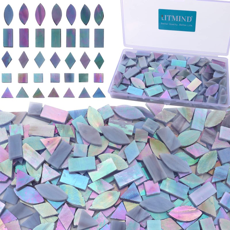 LITMIND Iridescent Stained Glass Mosaic Tiles for Crafts 240 Pieces 5 Shapes Mixed Mosaic Glass Pieces Mosaic Kits for Adults Iridescent Grey