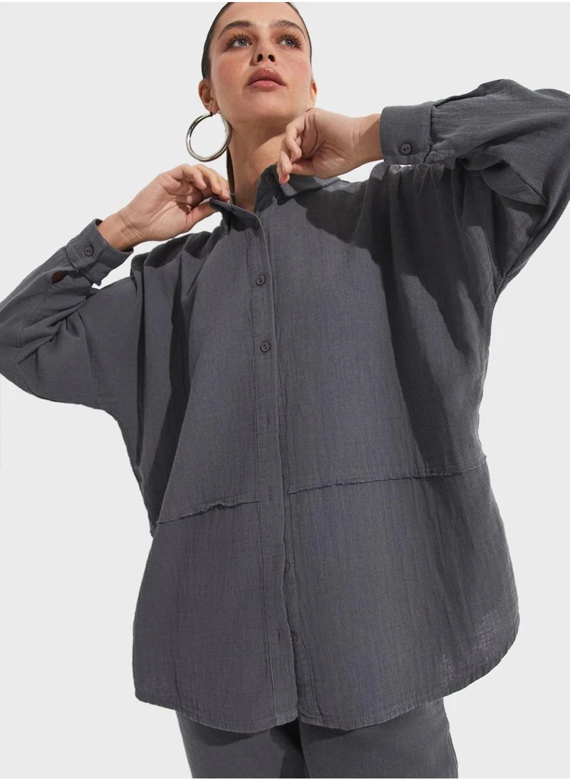 جون Knitted Button Down Shirt & High Waist Pants Set