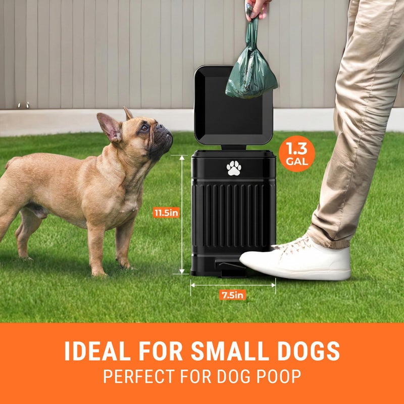 Pupzle Small Dog Poop Trash Can Outside, 1.3 Gal Metal Dog Waste Trash Can, Small Poop Bucket Outdoor with Lid, Poo Container Bin Waterproof Backyard Odor Control, 30 Bags (Black) - Image 2