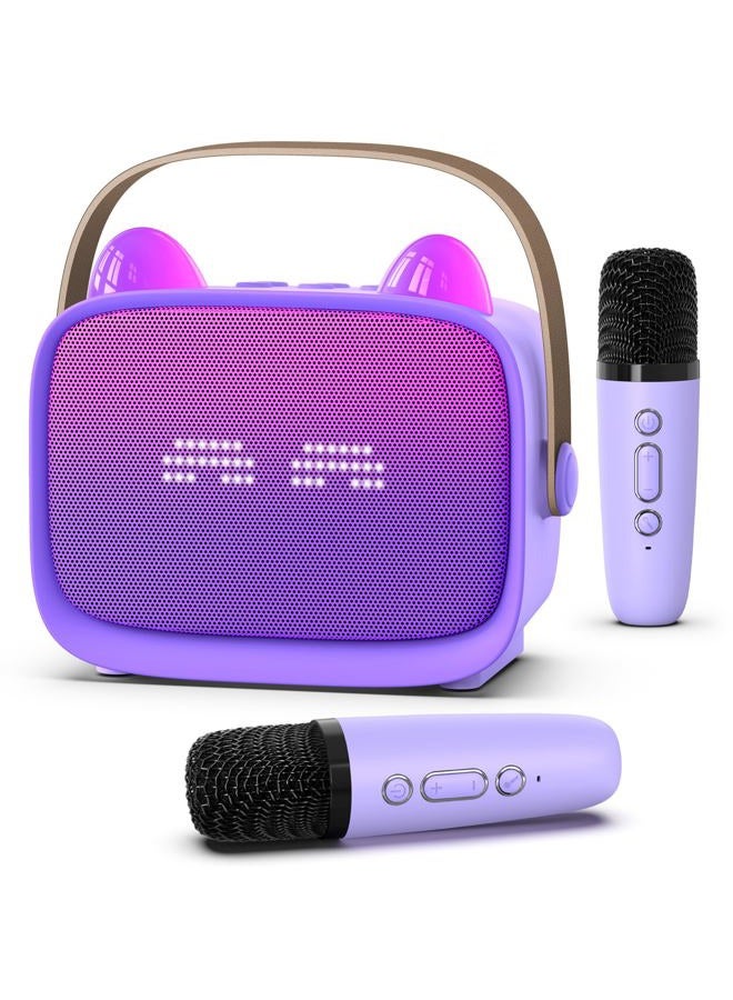 Mgaolo Upgraded Mini Karaoke Machine Toy for Kids, Portable Bluetooth Speaker with 2 Wireless Mics, Emoji & Colorful LED Lights, Home Travel & Party Play Gifts for Boys Girls (Purple) - Image 1