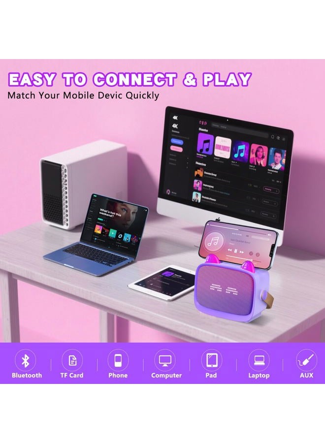 Mgaolo Upgraded Mini Karaoke Machine Toy for Kids, Portable Bluetooth Speaker with 2 Wireless Mics, Emoji & Colorful LED Lights, Home Travel & Party Play Gifts for Boys Girls (Purple) - Image 4