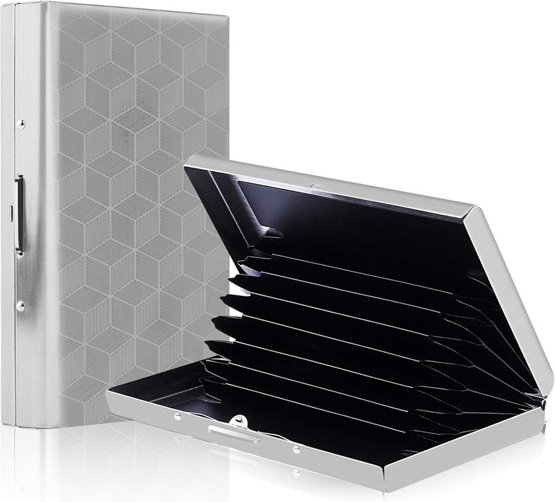 Storite 8 Slots Block Pattern RFID Protected Metal Credit/Debit/ATM Card Holder Case Wallet for Men & Women (Silver-9.5 x 6.5 x 1.5 cm) - Image 1