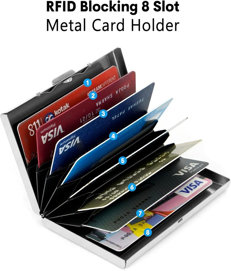 Storite 8 Slots Block Pattern RFID Protected Metal Credit/Debit/ATM Card Holder Case Wallet for Men & Women (Silver-9.5 x 6.5 x 1.5 cm) - Image 5