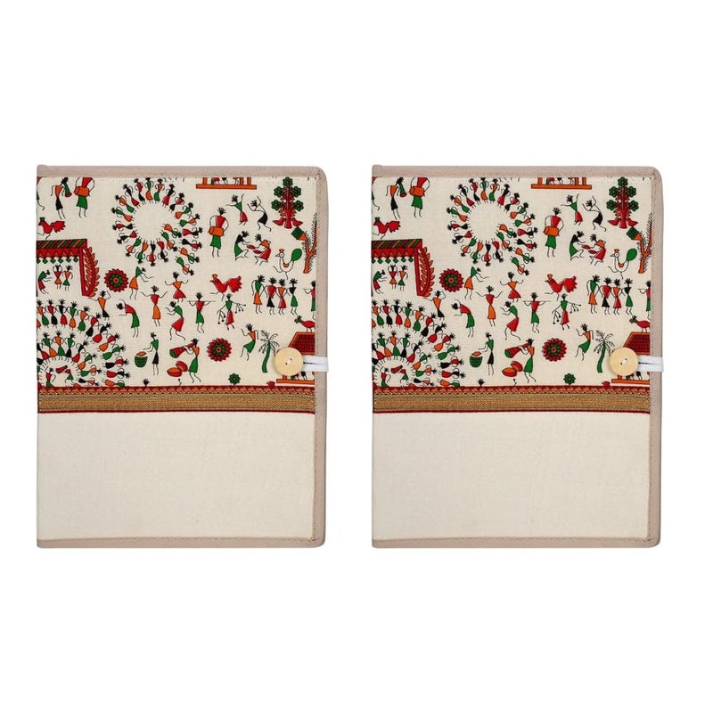 Campio Printed Fabric File Folders for Certificates, Document Holder, Jute Conference Folder (Size: A4, Color: Multicolor Warli Printed) (Pack of 2) - Image 1
