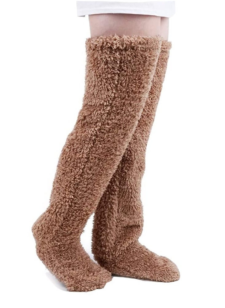 Excefore A Pair of Women's Knitted Thigh High Socks, Extra Long Leg Warmers Stockings, Slipper Stockings Furry Long Leg Warmers, Winter Boot Socks  - Image 1