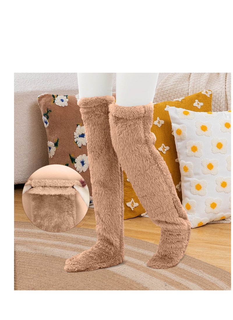 Excefore A Pair of Women's Knitted Thigh High Socks, Extra Long Leg Warmers Stockings, Slipper Stockings Furry Long Leg Warmers, Winter Boot Socks  - Image 4