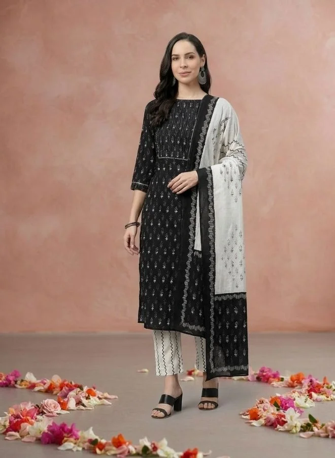 Yuris  Yuris Women Black  Off-White Pure Cotton Printed Kurta with Palazzos  Dupatta for Women | Best Price UAE
