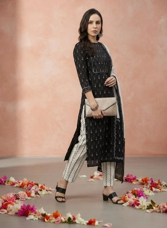 Yuris  Yuris Women Black  Off-White Pure Cotton Printed Kurta with Palazzos  Dupatta for Women | Best Price UAE