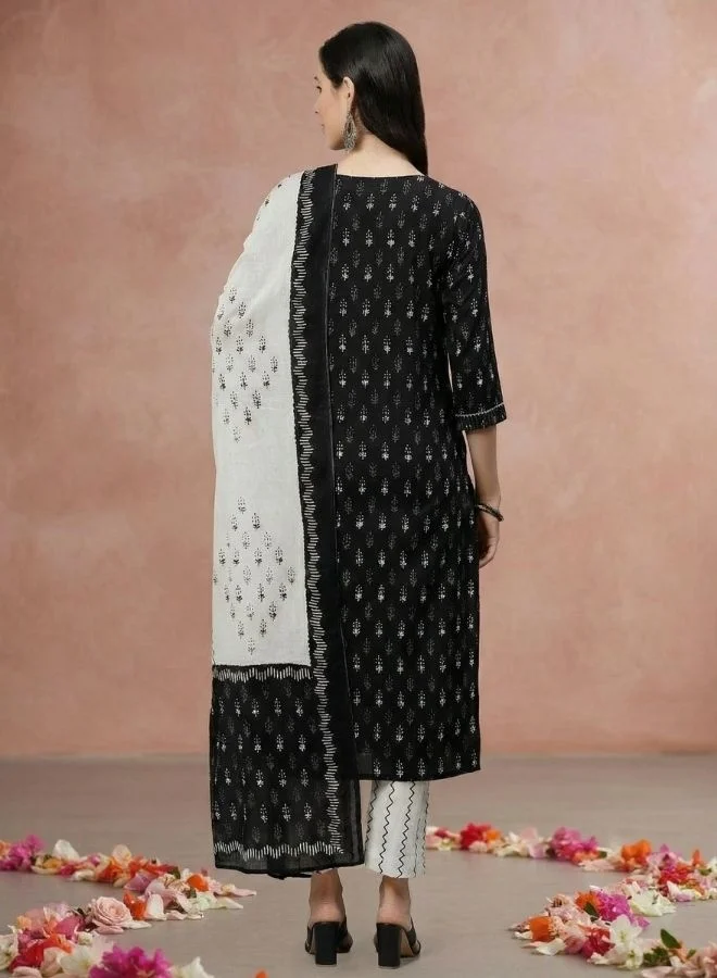 Yuris  Yuris Women Black  Off-White Pure Cotton Printed Kurta with Palazzos  Dupatta for Women | Best Price UAE