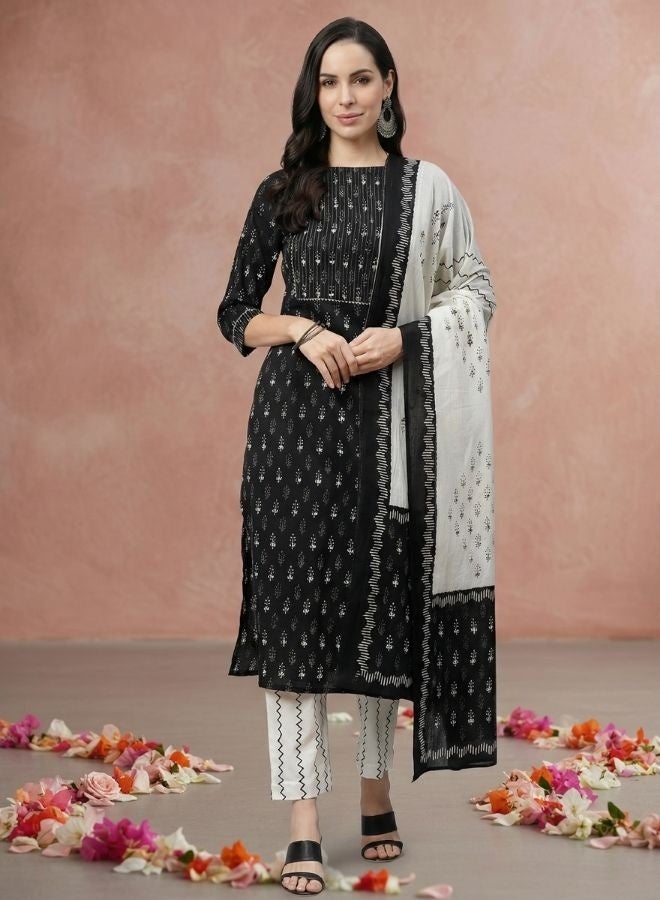 Yuris Women Black  Off-White Pure Cotton Printed Kurta with Palazzos  Dupatta - Image 1