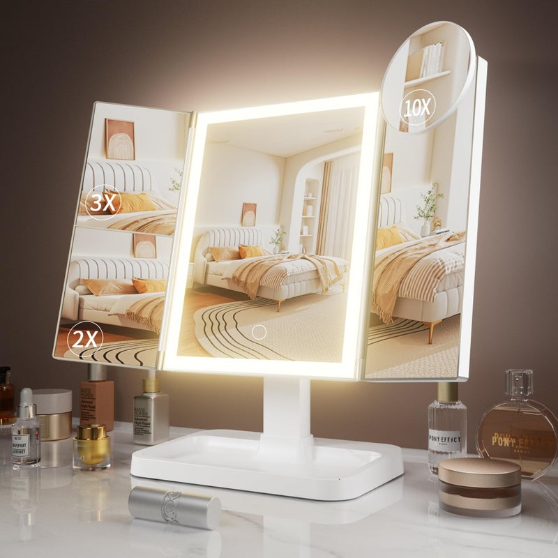 FRANO Makeup Vanity Mirror with Lights Rechargeable Lighted Makeup Mirror with 2X 3X 10X Magnification Led Makeup Mirror with 3 Colors Lights Portable Mirror for Travel Desk Gifts for Women Girls