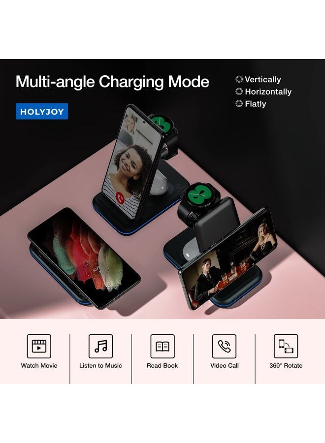 HOLYJOY Wireless Charger for Samsung/Android, HOLYJOY Foldable 3 in 1 Fast Charging Station/Stand/Multi Charger for Samsung S25 Ultra/S24/Note 20, Travel Pad for Galaxy Watch 7/6/5/4/Active 2, For Buds(Black) - Image 4