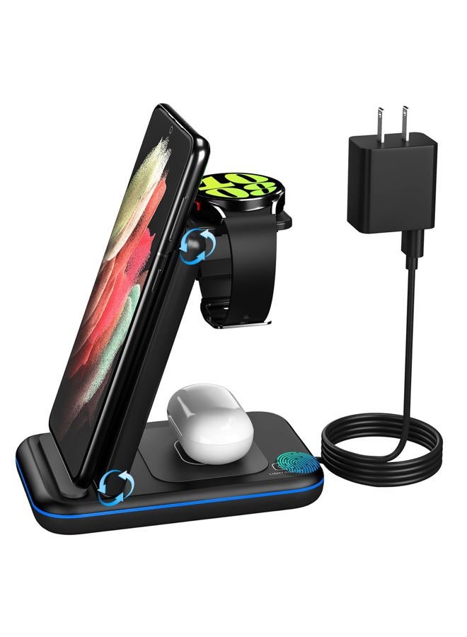 HOLYJOY Wireless Charger for Samsung/Android, HOLYJOY Foldable 3 in 1 Fast Charging Station/Stand/Multi Charger for Samsung S25 Ultra/S24/Note 20, Travel Pad for Galaxy Watch 7/6/5/4/Active 2, For Buds(Black) - Image 1