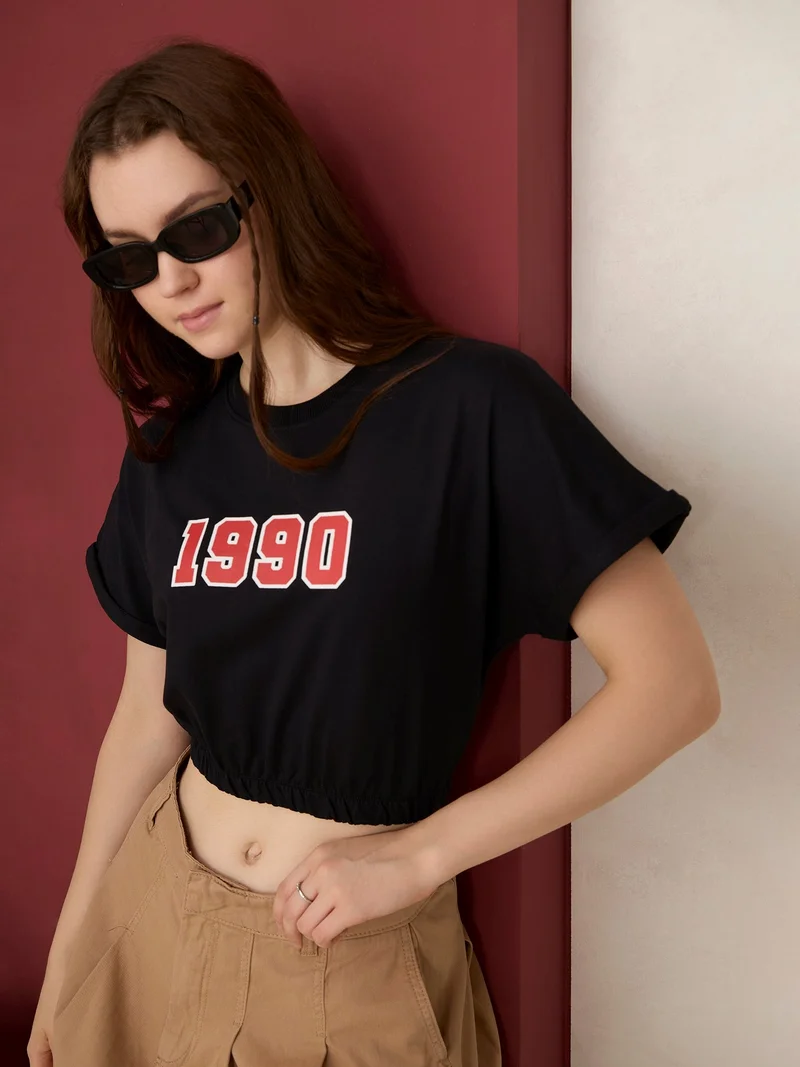 OUTZIDR Black Boxy Cropped Elasticated Hem Sweatshirt