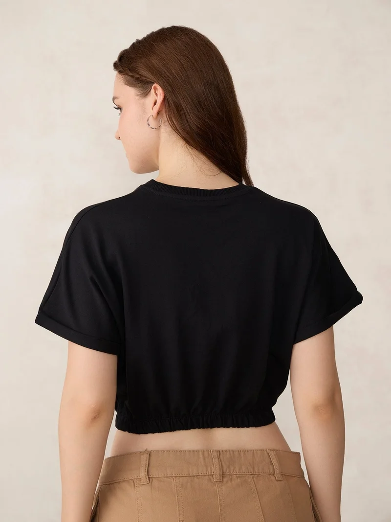 Outzidr black Black Boxy Cropped Elasticated Hem Sweatshirt for Women | Best Price UAE