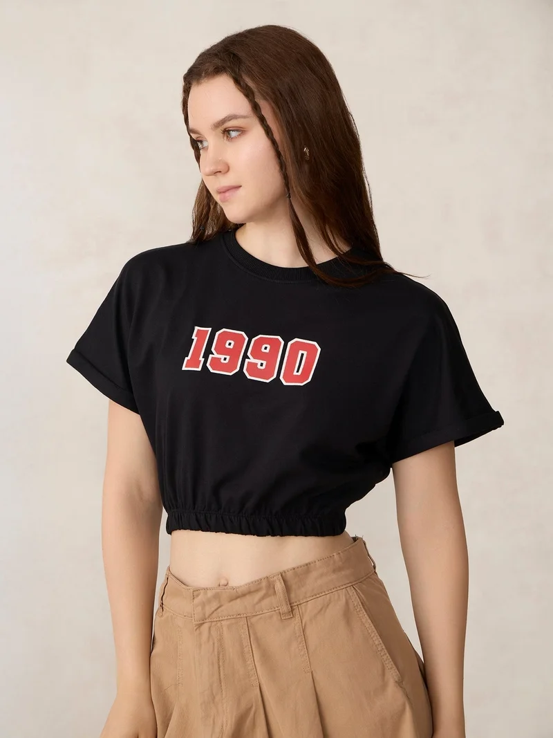 Outzidr black Black Boxy Cropped Elasticated Hem Sweatshirt for Women | Best Price UAE