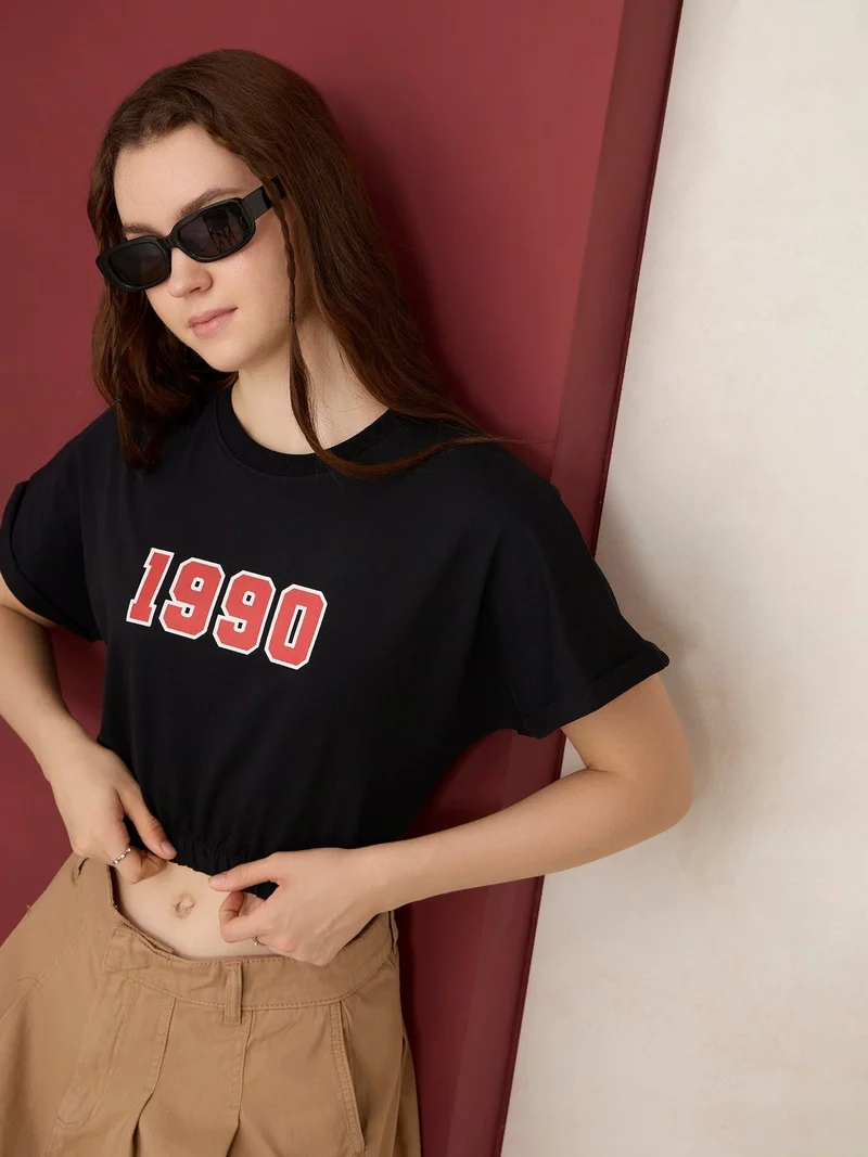 Outzidr black Black Boxy Cropped Elasticated Hem Sweatshirt for Women | Best Price UAE