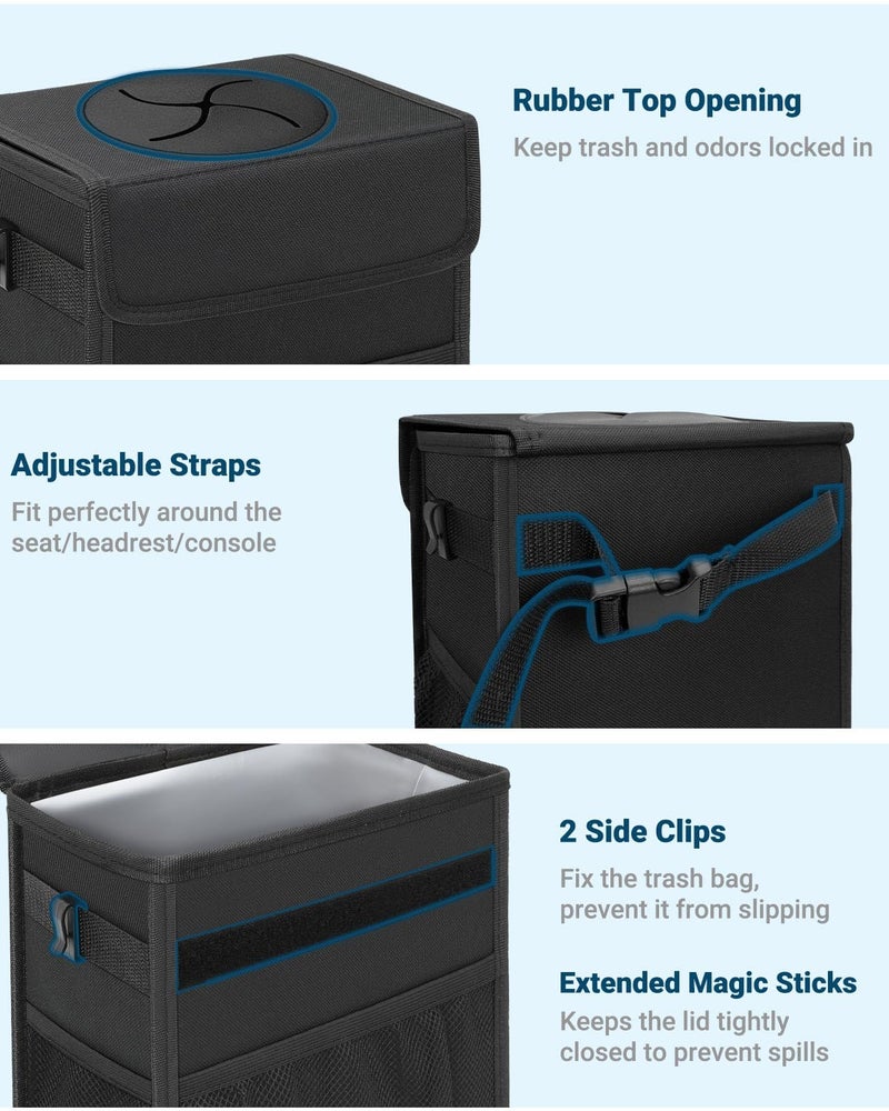 Capolo Car Trash Can with Lid, Leakproof Car Trash Bag Hanging Waterproof Automotive Garbage Can with Storage Pockets Mini Vehicle Trash Bin for Back/Front Seat(Black,2.5 Gallon) - Image 3