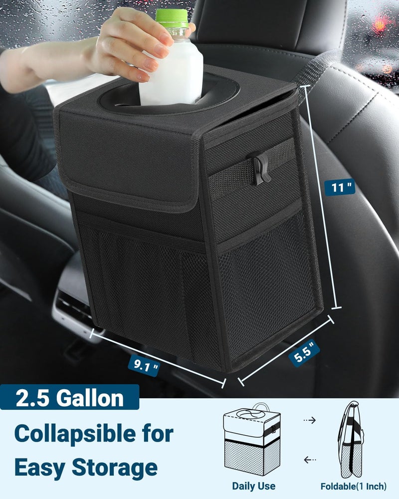 Capolo Car Trash Can with Lid, Leakproof Car Trash Bag Hanging Waterproof Automotive Garbage Can with Storage Pockets Mini Vehicle Trash Bin for Back/Front Seat(Black,2.5 Gallon) - Image 2