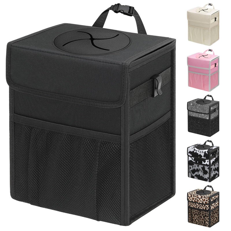 Capolo Car Trash Can with Lid, Leakproof Car Trash Bag Hanging Waterproof Automotive Garbage Can with Storage Pockets Mini Vehicle Trash Bin for Back/Front Seat(Black,2.5 Gallon) - Image 1