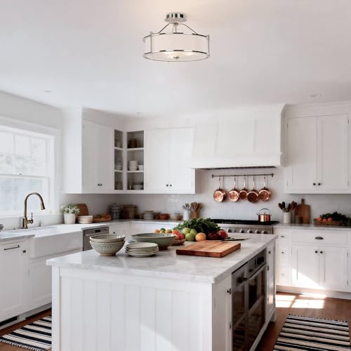 XiNBEi Lighting Semi Flush Mount Ceiling Light 18 inch 3 Light Close to Ceiling Light with Fabric Shade and Glass Diffuser, Brushed Nickel Drum Semi Flush Light for Dinning & Bedroom XB-SF1199-BN - Image 3